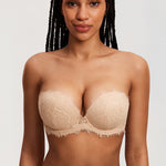 Women's Eyelash Lace Strapless Bra Beige