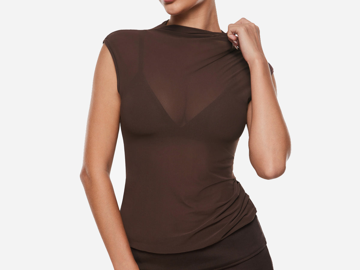 INLYRIC Cosnufy® Sheer Mesh Mock Neck Tank Top Hazelnut
