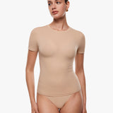 Women's Single Layer Basic Short Sleeve Top - Crew Neck Wheat Beige