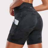 CRZ YOGA Women's Yoga High Rise Biker Butterluxe Pockets Shorts 5'' Dark Grey Camouflage 2