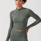 CRZ YOGA Women's Half Zip Long Sleeve Cropped Top Grey Sage
